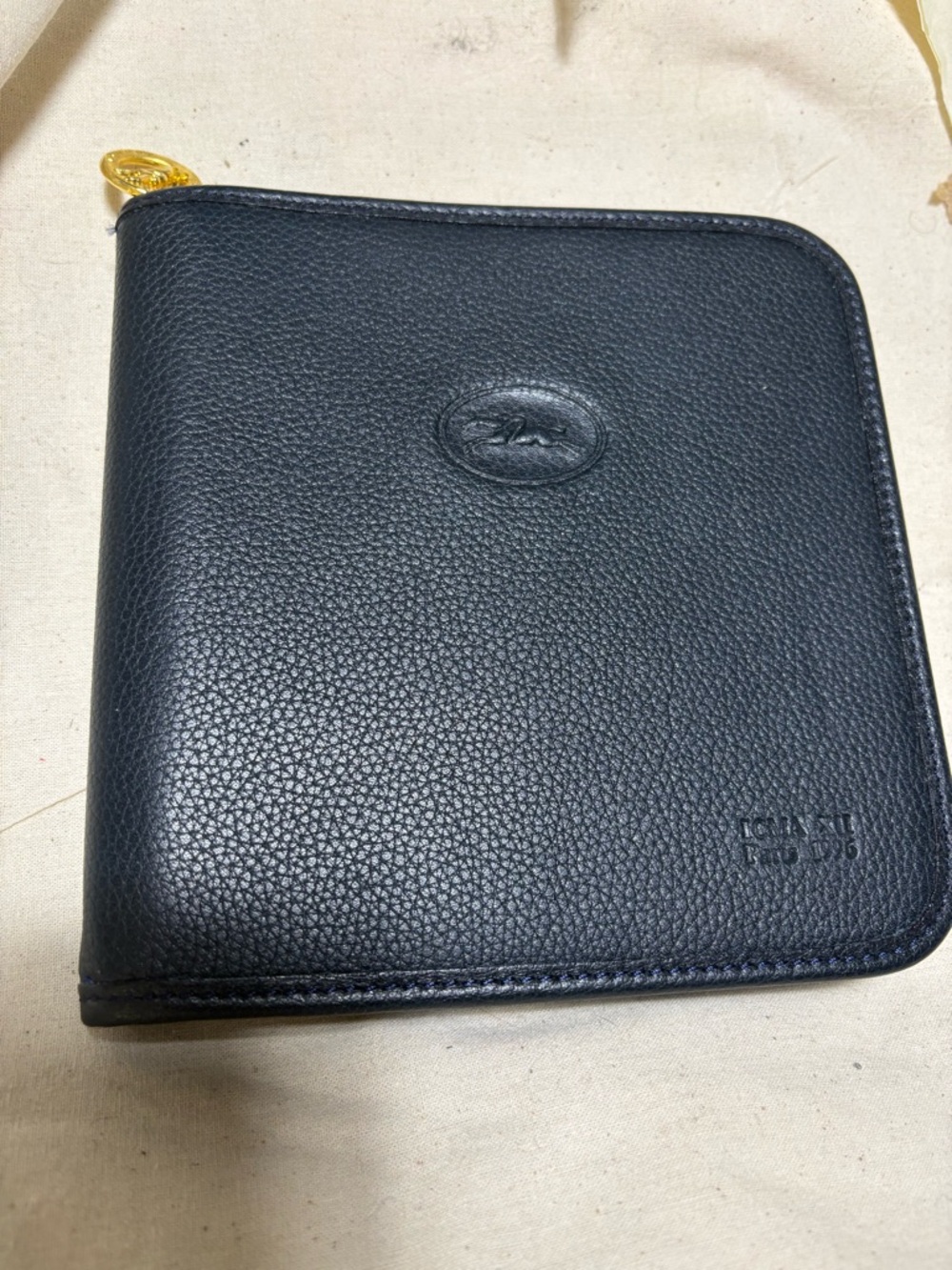 Longchamp Black Pebbled Leather CD holder with  Zip Pull